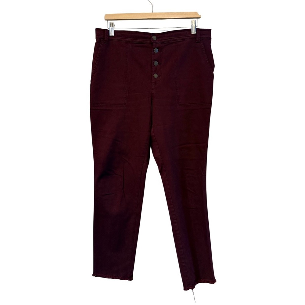 Women LOFT Burgandy Button Fly Raw Hem Cotton Blend Casual Chino Pants‎ Size 12